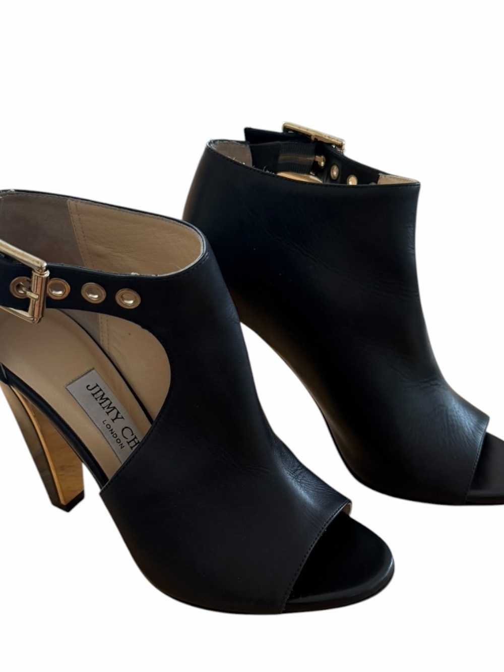 Jimmy Choo Black Leather Gold Accent Open Toe Ankle Booties Heels Size 35 / US 5 - Picture 3 of 11